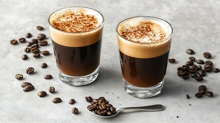 Two espressos with foam with coffee beans and a spoon with foam