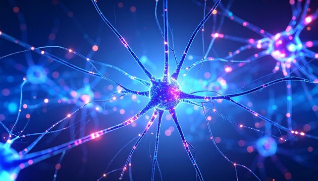 Futuristic 3D render of a glowing neural network showing data flowing through interconnected synaptic pathways on an abstract blue background. - Powered by Adobe