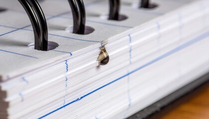 Extreme close-up of a tear absorbed by lined notebook paper, ink bleeding into paper fibers,