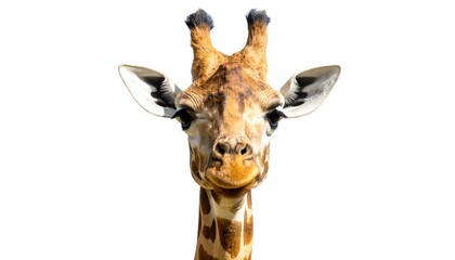Obraz premium Close-up of a giraffe's head and neck against a white background (1)