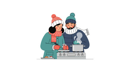 Winter Warmth: Couple Cooking Together Outdoors