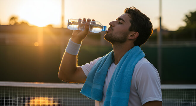 Man drinking water after exercising outdoors