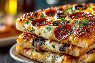 Stacked pizza slices with pepperoni, mushrooms and olives on white ceramic plate under bright natural lighting, 4K clean appetizing style