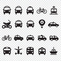 Fototapeta premium Black Silhouette Transportation Icon: Set with Long Shadows – Vector Collection, transportation icons, vehicle silhouettes, black icon set, shadow icons, taxi icon, bicycle icon, motorbike symbol.