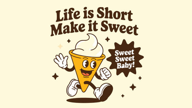 Animated Ice Cream Cone Character with Retro Design and Motivational Quote on Beige Background