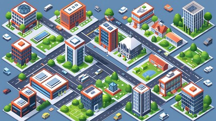 An isometric city map creator featuring an urban planning toolkit with streets, buildings, and parks. The elements are displayed in a clean, isometric grid, ready for use in creating detailed 
