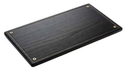 Black wooden cutting board isolated on transparent background, a kitchen tool for food preparation and serving with a modern design