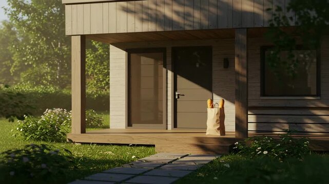 Paper bag with fresh baguettes left on the porch of a modern countryside house in warm morning sunlight. Peaceful rural lifestyle and daily grocery delivery concept.