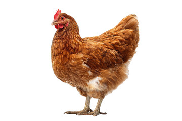 Fototapeta premium A brown hen with a fluffy body, vibrant feathers, and a distinctive red comb, standing upright in a confident posture.