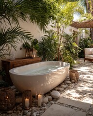 Luxury outdoor bathroom with bathtub and garden oasis setting