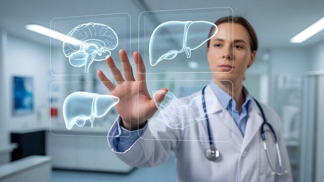 Doctor analyzing holographic anatomical scans in advanced medical research facility - Powered by Adobe