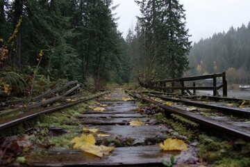 A weathered railway track through a misty forest