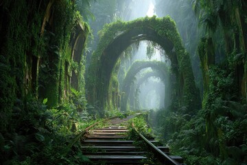 Jungle-covered ruins, train tracks, mystical
