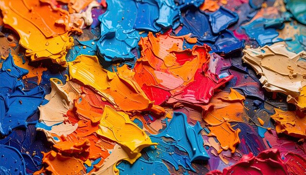 Extreme close-up of cracked acrylic paint layers on a palette, micro textures, dry brush streaks, intense color contrast