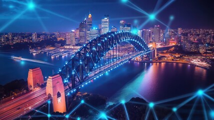 Panoramic view of Sydney Harbour Bridge with digital network lights at night