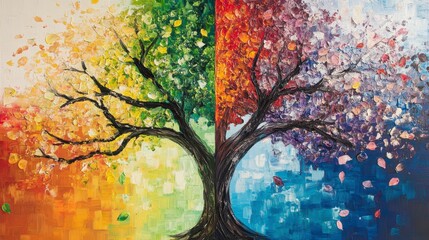 Vibrant oil painting of a tree depicting the four seasons spring, summer, autumn, winter.