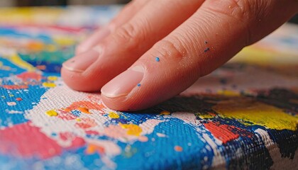 Macro detail of paint-stained fingertips pressing onto canvas, tiny flecks of pigment under nails, skin pores visible