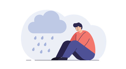 Depressed Man Sits Under Rain Cloud. Illustration for Mental Health Awareness