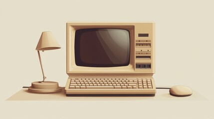 Beige vintage desktop computer with a desk lamp and mouse on a beige surface.