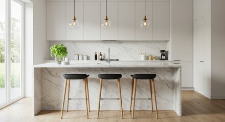 Modern Bright Kitchen with Marble Countertop and Stylish Bar Stools in Contemporary Home Interior Design