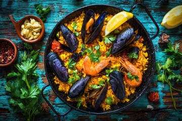 Fototapeta premium Seafood Paella on rustic board