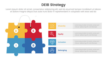 DEIB diversity strategy infographic 4 point stage template with puzzle jigsaw shopping bag with rectangle shape stack for slide presentation