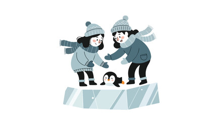 Winter's Embrace: Girls & Penguin on Iceberg