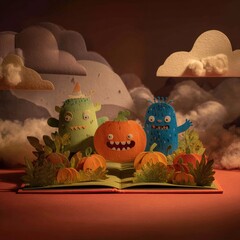 Whimsical Halloween scene with funny monsters and pumpkins 