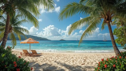 Serene Tropical Beach Paradise With Lounge Chairs And Palm Trees On A Sunny Day