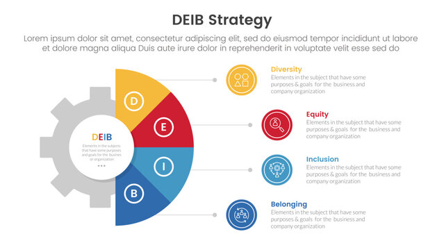 DEIB diversity strategy infographic 4 point stage template with gear shape on half circle vertical for slide presentation
