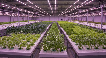 Modern Indoor Hydroponic Farm with Rows of Fresh Green Leafy Vegetables Under Bright LED Lights