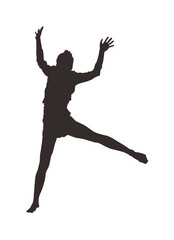 Silhouette of a person leaping with arms raised, a dynamic and joyful pose.