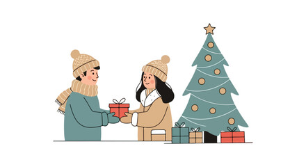 Exchanging Gifts by the Christmas Tree Illustration