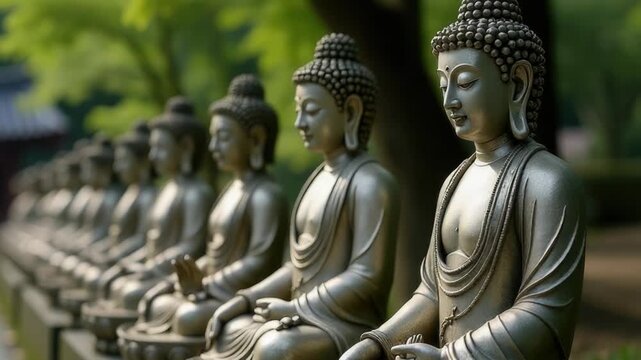 Row of Buddha statues sitting side by side, great for spiritual or meditation themes