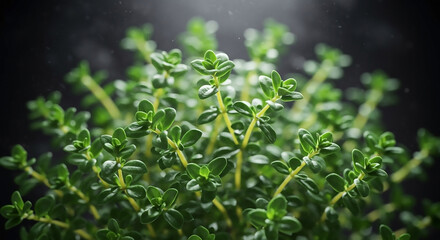 Fresh green thyme sprigs with delicate leaves growing in a bunch. Aromatic culinary herb shown in a close-up on a dark, dramatic background.
