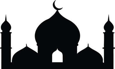 mosque silhouette, arabic architecture, domes and minarets, islamic religious building, black and white illustration
