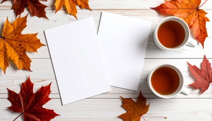 Cozy Autumn Tea for Two: Blank Cards and Maple Leaves on a White Wooden Table