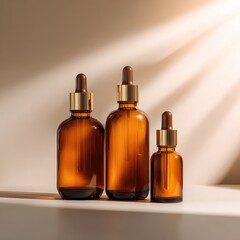 Amber glass bottles with droppers illuminated by sunlight