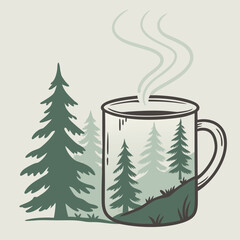Watercolor Forest Coffee Mug with Pine Tree Silhouettes and Misty Steam – Nature-Inspired Calm Beverage Illustration