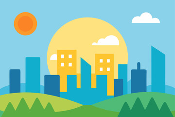 Obraz premium Sunny day in a stylized cityscape with green hills