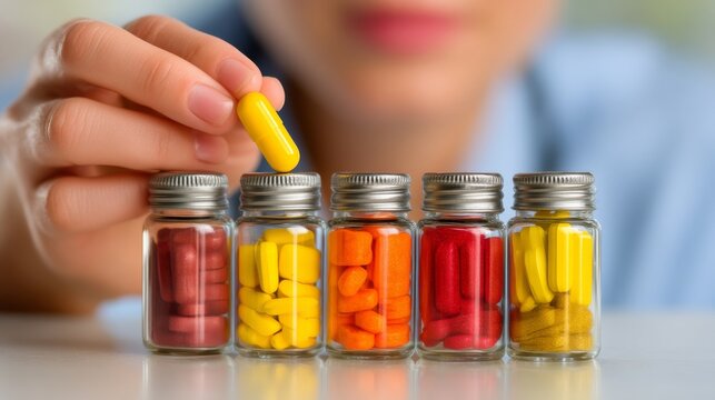 A close-up of a hand holding a dark brown liquid capsule, known as Rohypnol, placed in a bottle with a white cap,