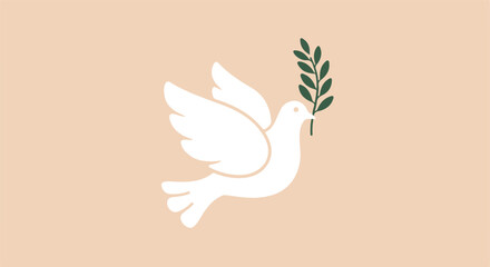White dove carrying olive branch on beige background, illustration, for peace