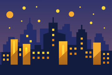 Naklejka premium Stylized cityscape at night with glowing buildings and yellow orbs