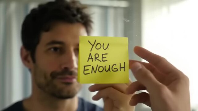 Man reads selfaffirmation in mirror.