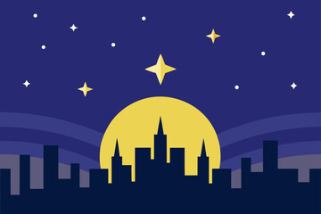 Fototapeta premium Stylized city skyline under a starry night sky with a large moon