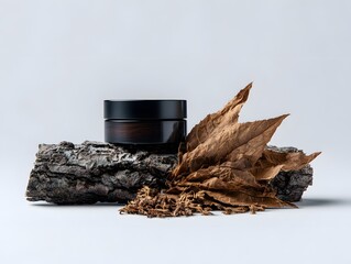 Small Black Plastic Jar with Dry Leaves on Natural Wood Background