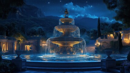 Enchanting night scenery with a classic tiered fountain illuminated under starlight