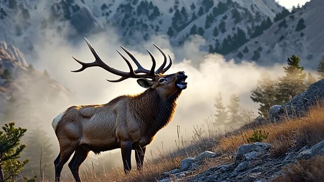Majestic elk vocalizing in the mountains at dawn, surrounded by mist and coniferous trees