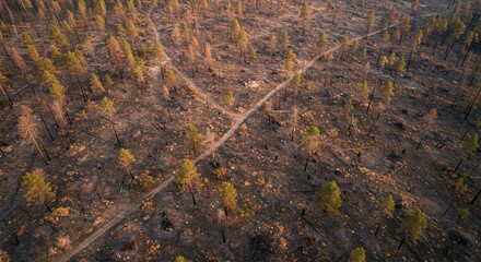 Aerial View of Post-Wildfire Landscape with Charred Trees and Renewing Vegetation in Forest Area