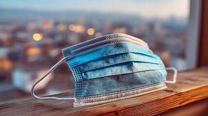 A blue disposable mask with white elastic ear loops rests on a wooden surface,